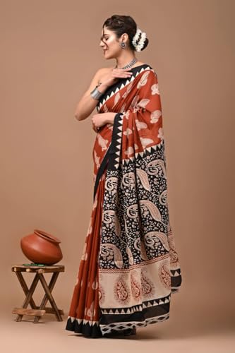 Image of Crafts Moda Hand Block Ajrakh Print Cotton Saree for women with Blouse | Soft comfortable wear sari