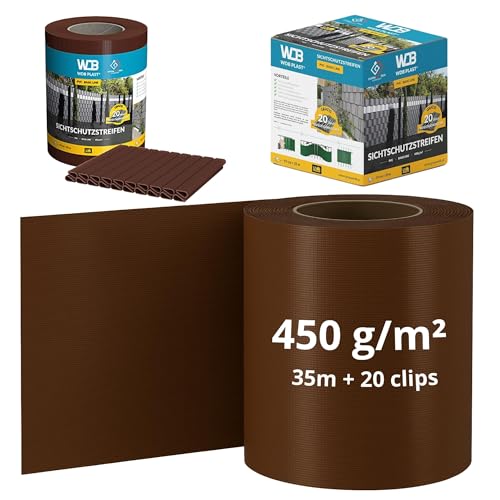 WDB - Sichtschutzstreifen für Doppelstabmatten Sichtschutz Zaun - 19 cm x 35 m + 20 Stück Befestigungsclips - PVC Windschutz Basic Line - Braun - RAL 8011
