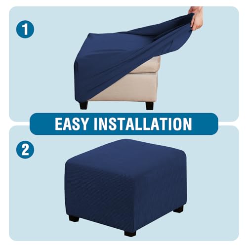 Image of H.VERSAILTEX Ottoman Cover Slipcover Rectangle Fit Length 35 inch-45 inch Footrest Sofa Slipcovers Stool Cover Footstool Protector Covers Feature Stretch Thick Soft Jacquard Fabric Removable Washable - Navy