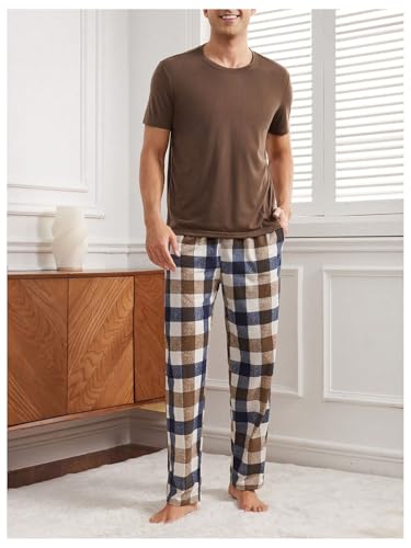 Men's 2 Piece Pajama Set Crew Neck Short Sleeve T Shirt and Plaid Pants Loungewear3