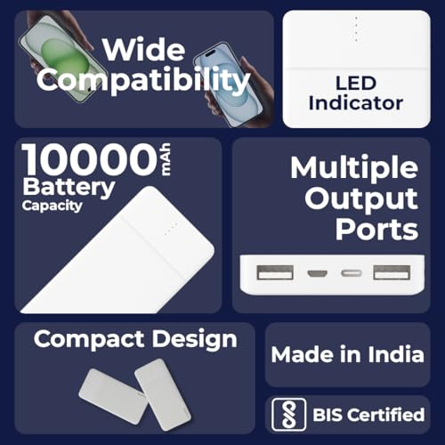 Image of OneLife 10000mAh Power Bank | 12W Fast Charging | Dual USB Output | Slim & Portable | ABS Body | BIS Certified | Compatible with iPhone, Android, Type-C Devices - Black & White (White)