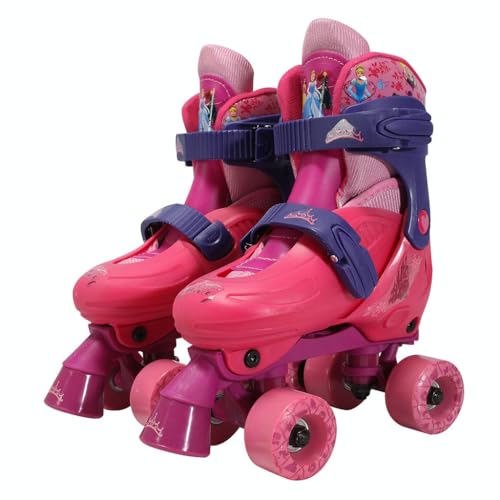 PlayWheels Adjustable Disney Princess Glitter Quad Roller Skates for Children – Enchanting Design Featuring Iconic Disney Princesses – Junior Size 10-13 – Ideal for Indoor and Outdoor Skating Fun