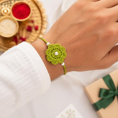 Image of Handmade Crochet Green Flower Rakhi for Brother | Premium Cotton Thread Floral Designer Rakhi with Pearl Beads | Soft Skin-Friendly Lightweight Raksha Bandhan | Traditional Handcrafted Gift