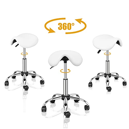 Omysalon Saddle Stool Rolling Chair,Adjustable Hydraulic Stool,Ergonomic Esthetician Chair With Swivel Wheels For Kitchen, Salon, Spa, Tattoo, Pedicure, Massage,White #TOP1