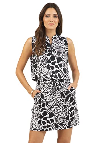 IBKUL Women s UPF 50+ Icefil Cooling Bianca Print Sleeveless Drawstring Dress – 63079 Black White Bianca S