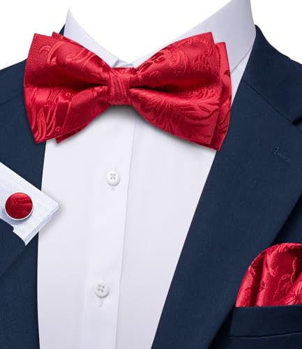 Image of YOHOWA Paisley Striped Men Bow Tie Pre-Tied Formal Adjustable Colorful Bowties Handkerchief Cufflinks Set Wedding Party