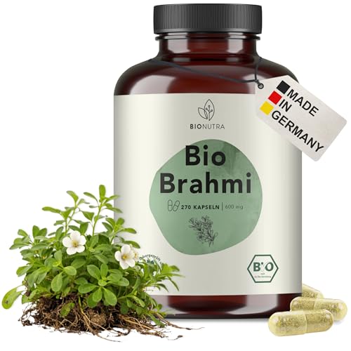 BIONUTRA© Bio Brahmi Kapseln hochdosiert, 270 Stück à 600 mg mit natürlichen Bacosiden aus Brahmi Bio Blattpulver, vegan, ohne Zusätze, rückstandskontrolliert, deutsche Herstellung