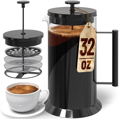 Cafe Du Chateau Stainless Steel French Press Coffee Maker - 34oz Insulated Coffee Press with 4-Level Filtration, BPA Free, Durable Glass, Great for Tea