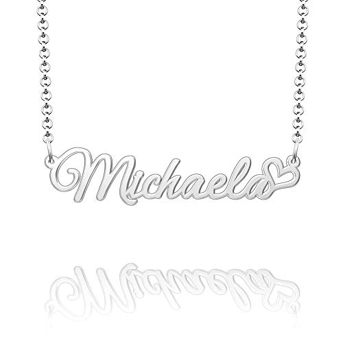Q&Locket 925 Sterling Silver Heart Love Personalized Custom Name Necklace Script Initial Nameplate Necklaces Gifts for Girls Womens Michaela