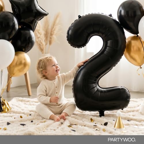 Image of PartyWoo Black Number 2 Balloon 40 Inch 25pcs Black Foil Star White Gold