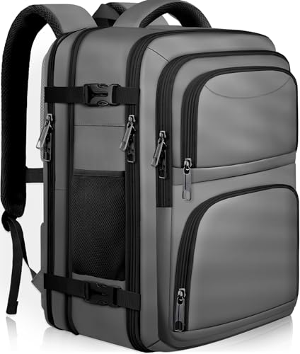 Image of Large Travel Backpack, Laptop Backpack for women, Expandable 52L Carry On Backpack, Airline Approved Water Resistant Weekender 18.4 Inch Laptop Backpack, Business Computer Bag with Port, Grey