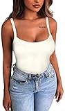 Women's Square Neck Ribbed Sleeveless Sexy White Bodysuit Thong Fashion Tank Tops Leotard M