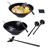 MORGY, Unbreakable Set of 2 Ramen Bowls with chopsticks and Spoons- 42 OZ Japanese Style Black Noodl