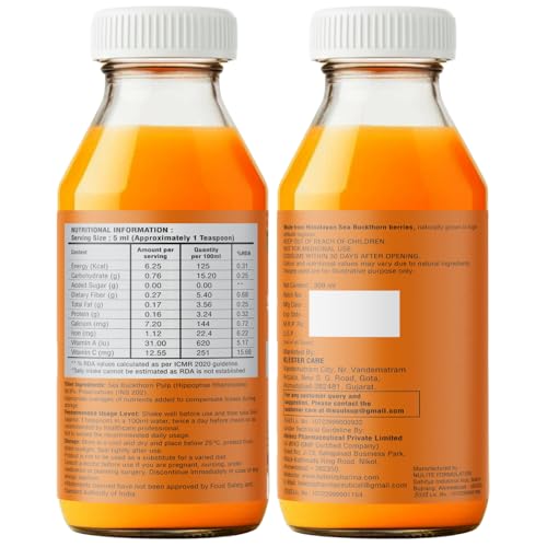 Image of Himalayan Sea Buckthorn Juice Concentrate 300ml | Cold-Pressed | No Added Sugar & No Extracts | Natural Vitamin C, Omega 3 6 7 9, Antioxidants | Immunity, Skin Glow & Gut Health Support - Pack of 1