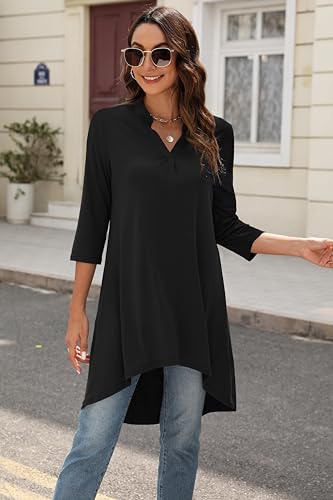 Naggoo Women's 3/4 Sleeve Notch V Neck High Low Loose Fit Long Tunic Tops Shirts Blouses M-3XL4