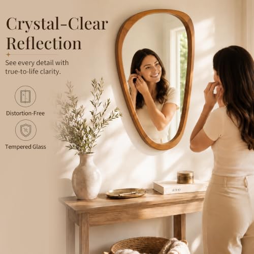 Image of Solid Wood 36x24 Warm Walnut Irregular Bathroom Vanity Wall Mirror | Warm organic tone softens Japandi bathrooms, over-sink vanities, powder rooms, dresser walls, modern organic rooms