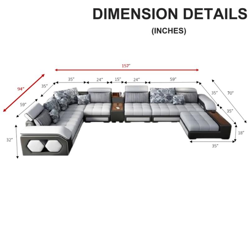 Image of Homax. Dapper2, 11-Piece U-Shaped Sectional Sofa | 12-Seater with Adjustable Headrests, Charging Console, Ottoman with Tray, Pouffes | Dual-Tone Fabric, Solid Wood Frame, High-Resilience Foam