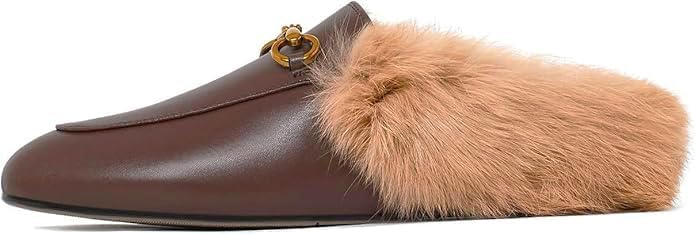 Vertundy Fur Mules with Matal Buckle Slip On Flats for Women Backless Sandals Dress Shoes Work Slides - Image 5