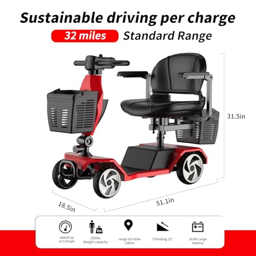 Image of 20A 32 Miles Electric Mobility Scooter for Adults Wheelchair Device for Travel, Elderly. 350 lbs Max Weight, 350W Heavy Duty Mobility Scooters for Seniors wiht Two Baskets(Y3-RED)