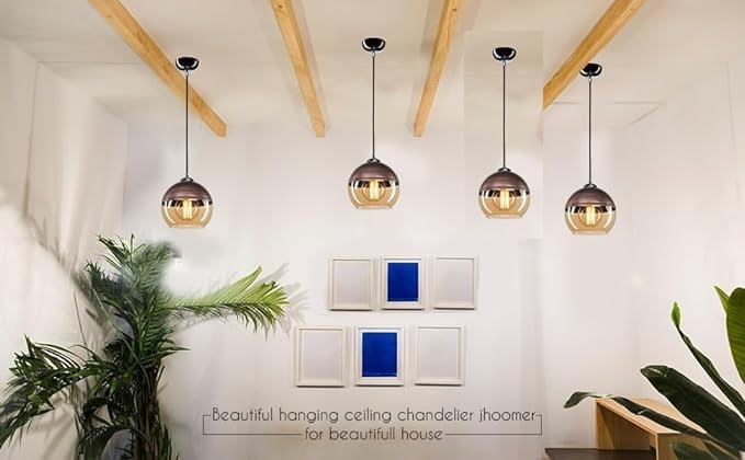 Image of Modern Amber Glass Pendant Light Set of 4 - Decorative Hanging Ceiling Lamps for Living Room, Kitchen Island, Dining Table, Cafe & Restaurant | Contemporary Adjustable Indoor Lighting Fixtures