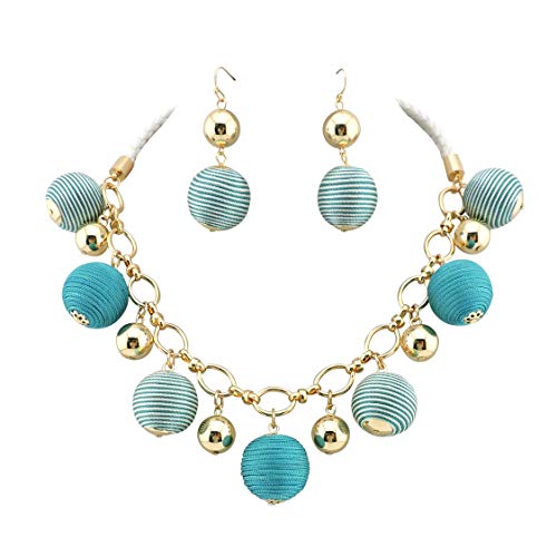 BOCAR Fashion Collar Necklace with Thread Ball Pendant Necklace Earrings Set for Women (NK-10491-teal)