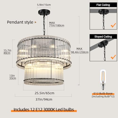 Image of 37 inch Modern Black Round Chandeliers, 3-Tier 16-Light Water Ripple Crystal Glass Chandelier, for Living Room, Foyer, High Ceiling Staircase, Dining Room, Luxury Adjustable Hanging Chandelier