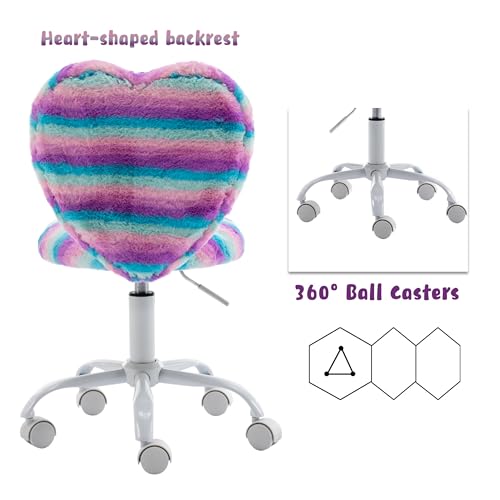 Image of Kmax Kids Reading Chair, Rolling Cute Desk Chair for Girls Swivel Office Chair with Wheels & Heart Back Adjustable Childrens Vanity Chair for Bedroom Reading Room - Faux Fur, Rainbow