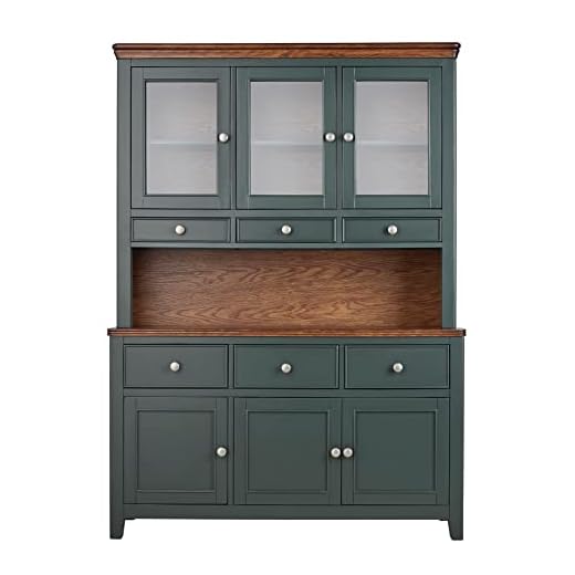 Statement Furniture Queensbury Display Cabinet. Wooden Bottle Green Dresser with Oak Tops. Ready Assembled Glass Door Sideboard and Hutch.