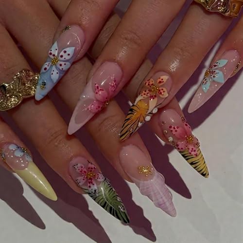 Long Press on Nails Almond Fake Nails with Leopard Prints Flower ...