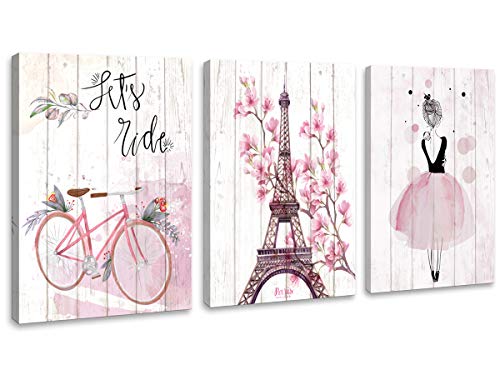 Paris Eiffel Tower Wall Decor Bicycle for Girls Bedroom Pink Paris Room Decor Paris Bathroom Wall Decor Modern Home Art Artwork for Walls Canvas Framed Wall Decoration Size 12x16 Each Panel