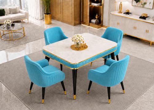Image of WOODEN SPACE 4 Seater Wooden Dining Table Set | Urban Marble Top Dining Table with Chairs for Dining Room & Kitchen (Modern Zyro Sky Blue) (54 x 36 x 30 inch)