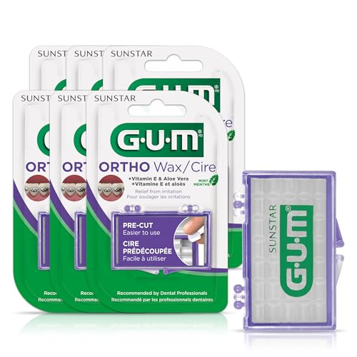 GUM Orthodontic Wax for Braces, Aligners & Dental Devices, Soothing Dental Wax with Vitamin E & Aloe Vera, Clear, Refreshing Mint Flavor, Pack of 6
