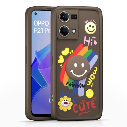 Image of Pikkme Back Cover for Oppo F21 Pro 4G | Soft Silicone| Cute Rainbow Smile & 3D Cartoon Flower Design | Shockproof Raised Camera Protection Bumper Case (Brown)