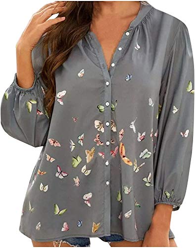 Women Summer Colorful Chiffon Button Blouse Butterful Whisperer Printed 3 4 Balloon Sleeve Classic Casual Loose Blouses Tee Shirt POM POM Flowy Boho Summer Tops