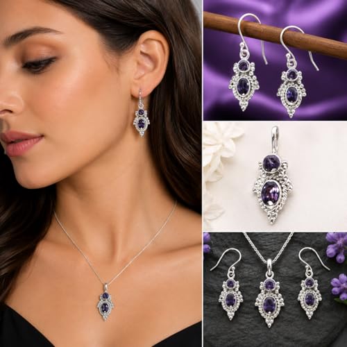 Juego de joyas de amatista y pendientes plata ley 925 mujer 2
