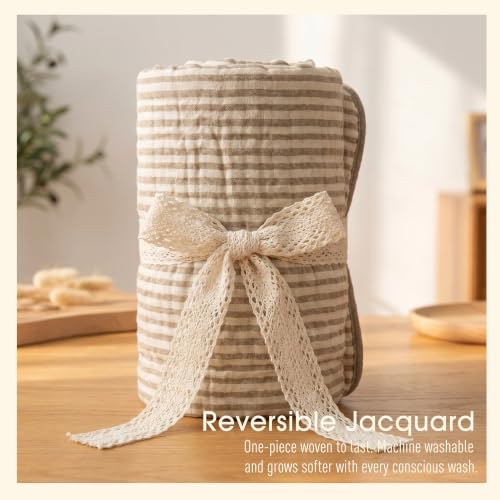 Image of Ultra Soft Muslin Baby Blanket - Made with Organic Cotton, Gender Neutral Warm Coffee Striped Jacquard, Swaddle & Crib Quilt, 43x43 Inches (Horizon Dune)