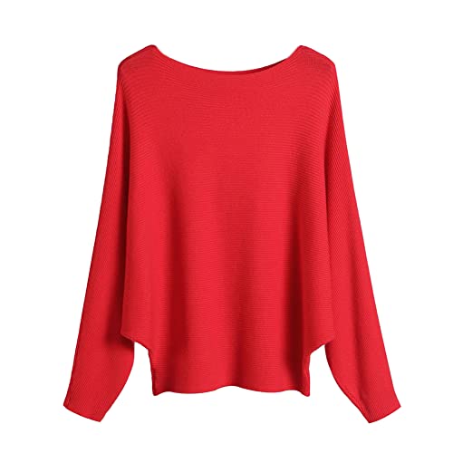 Image of Blostirno Women's Boat Neck Batwing Sleeves Dolman Ribbed Knitted Sweaters Pullovers Tops