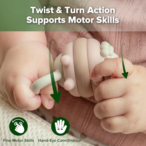Image of haakaa Twisty Tilly Silicone Sheep Teether, Soft Textures for Sore Gums, Easy-to-Grip Rotating Ring Design Encourages Babies to Grasp, Twist and Explore, Desert Rose
