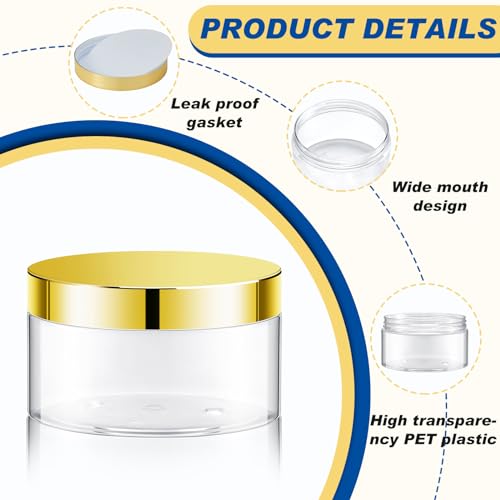 Dandat 24 Pcs 8 oz Plastic Jar Container with Lid and Label Refillable Empty Round Clear with Gold PET Cosmetic Sample Containers for Lotion, Cream, Ointments, Body Butter, Makeup, Travel Storage3
