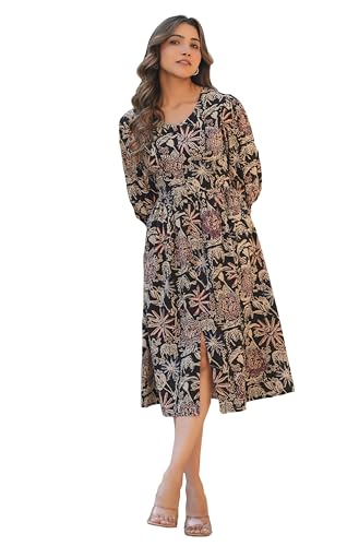Robe trapèze noire femme coton imprimé floral fluide décontractée taille S