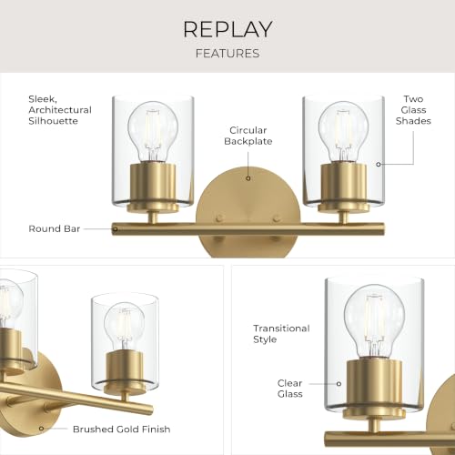 Image of Progress Lighting Replay 13 Inch 2-Light Vanity Light, Transitional, Brushed Gold with Clear Glass Shades, (7.875 inch H x 13 inch W x 6 inch D), P300582-191