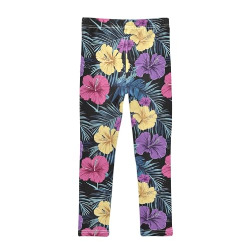 Colored Hibiscus Tropical Leaf Girls Casual Leggings for Kids Printed Long Pant Bottoms Stretch and Soft2