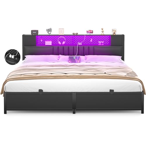 UnikitoKing Size Bed Frame with LED Light, King Bed with Power Outlet, Platform Bed with Upholstered Headboard and Storage Cabinet, Metal Slat, No Box Spring Needed, Easy Assembly, Noise-Free, Black