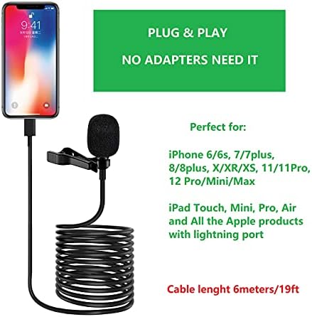 6M/19FT Professional Lavalier Lapel Microphone Omnidirectional Condenser Mini Lavalier clip on Mic for iPhone 6/7/8/X/XS/XR/11/12/13 and iPad for YouTube Vlogging Interview Livestream Video Recording