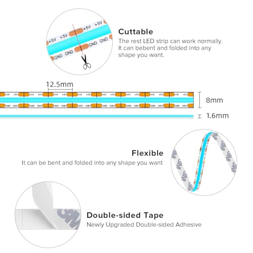 Image of BTF-LIGHTING FCOB COB LED Strip Lights 5V USB Powered Ice Blue Color for TV