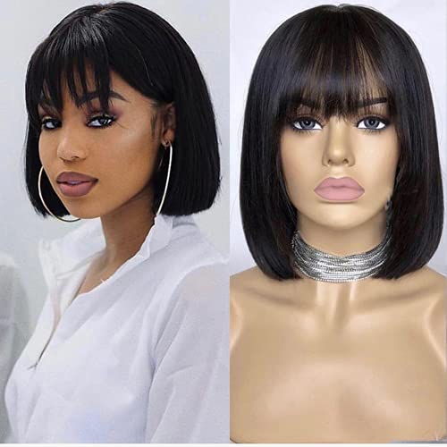 Short Human Hair Bob Wigs with Bangs None Lace Front Wigs Brazilian Virgin Straight Hair Machine Made Wig for Black Women Natural Black Color 150% Density 10 Inch