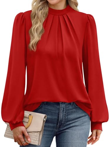 Image of WIHOLL Long Sleeve Shirts for Women Mock Neck Tops Pleated Front Blouses Dressy Casual Spring Fall Clothes 2026 Fashion