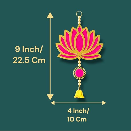 Image of Rajasthan Kraft Handmade Pack of 10 Colorful MDF Lotus Hanging with Pom Pom & Bell Traditional Wall Decor for Makar Sankranti, Lohri, Wedding Decoration Multicolor Lotus Decor 8 Inch (RK-H-199-10)