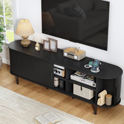 Image of 70.8 inch TV Stand with Power Outlet, Mid-Century Modern Television Stand, Fluted Media Console with Sliding Doors, Entertainment Center for TVs up to 60 Inch, Adjustable Shelves, Black
