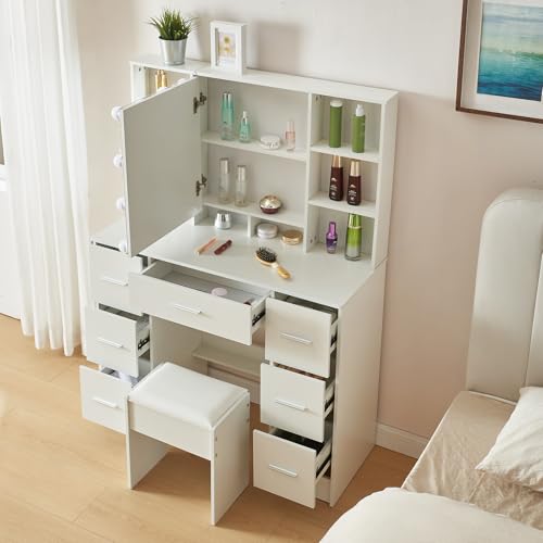 LIANWANG Schminktisch mit Hocker und Beleuchtung, Frisiertisch mit Spiegel für Make up, Kosmetiktisch mit 7 Schubladens, 3 Farbtemperaturen und Einstellbarer Helligkeit, Modern, Weiß